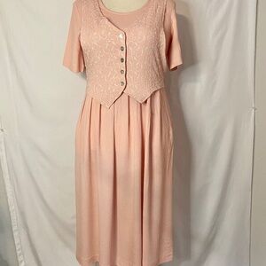 Peach Vintage Carol Anderson Short Sleeve Midi Dress w/Embroidered Vest Size 10